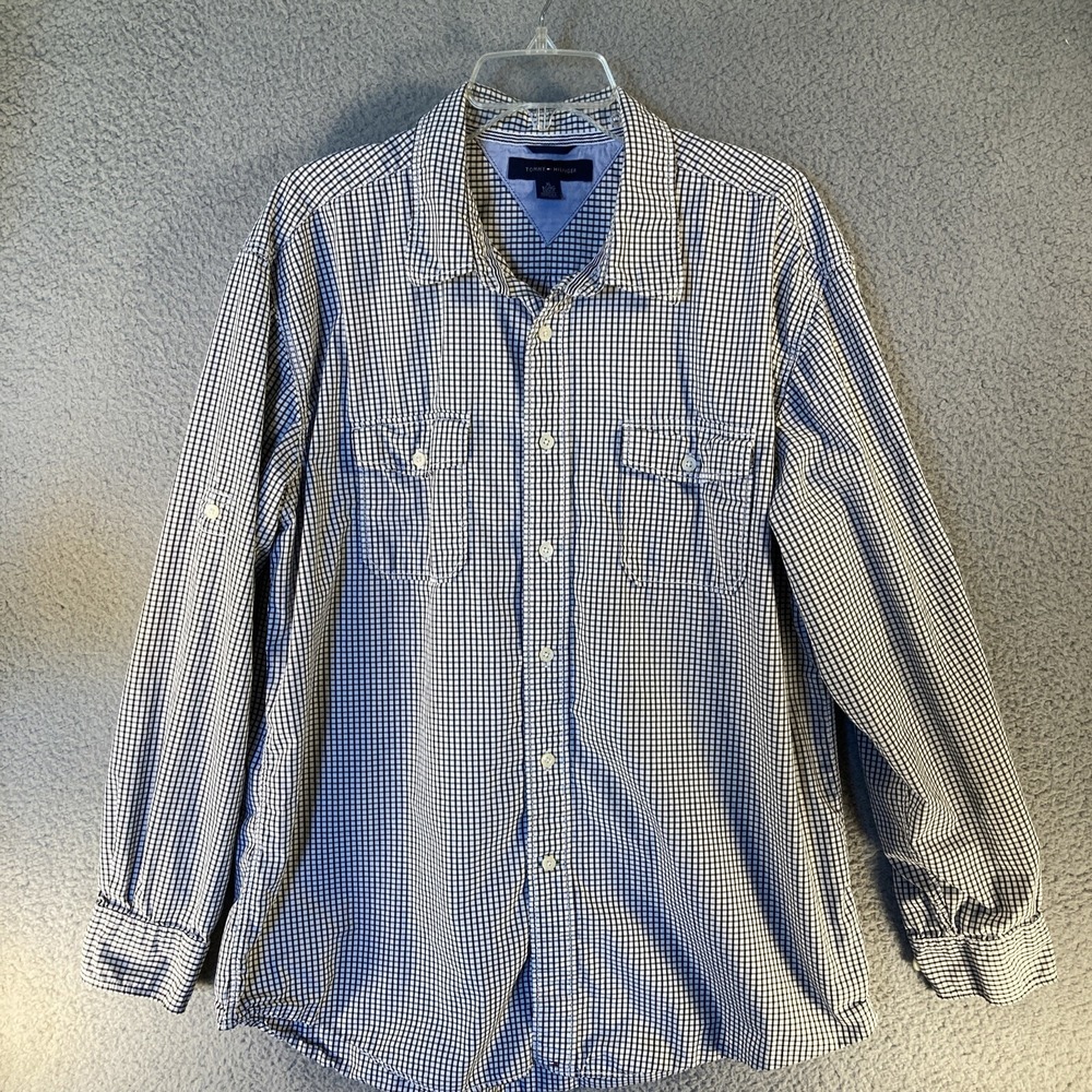 Tommy Hilfiger Button Shirt Mens XL Navy Gingham Check Roll Tab Sleeve Preppy